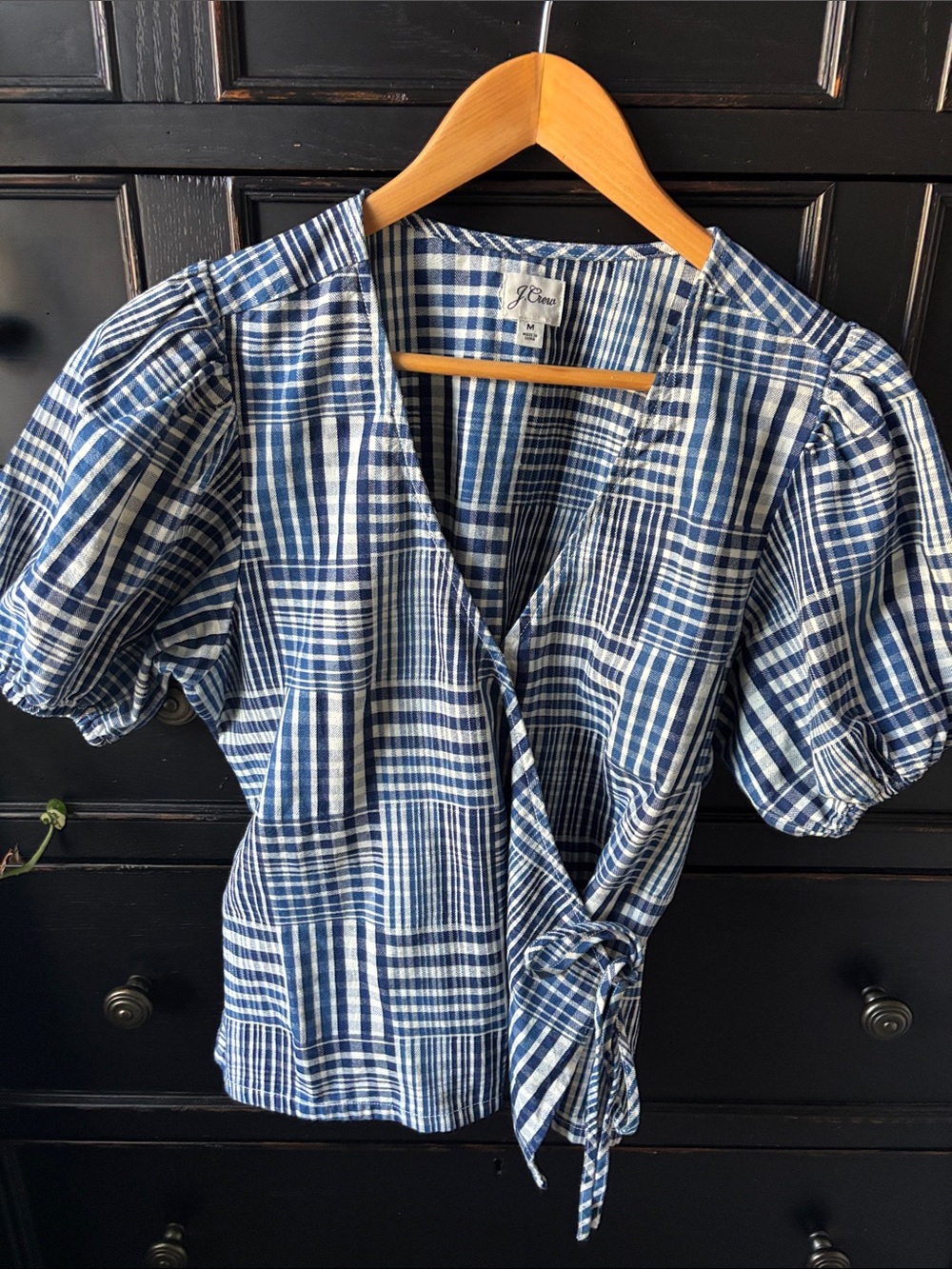 J. Crew Indigo Blue Plaid, M Patchwork, Puff Sleeve Cropped Wrap Top 100% Cotton